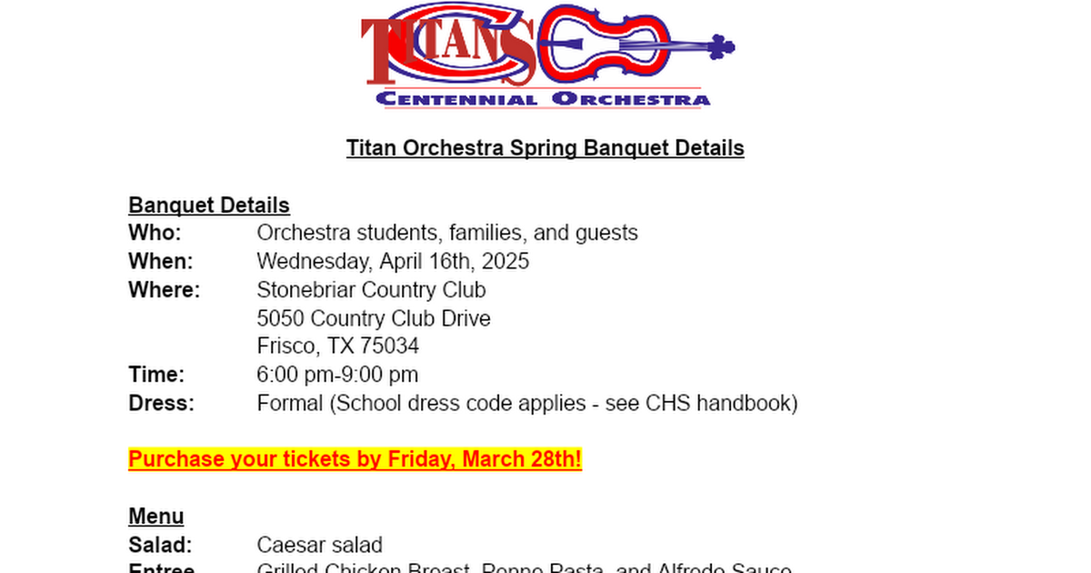 Titan Orchestra Spring Banquet Information