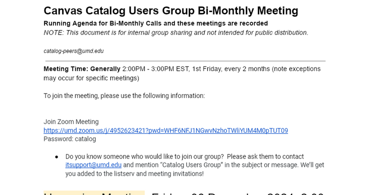 Canvas Catalog Users Group Monthly Meeting