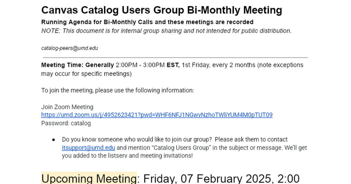 Canvas Catalog Users Group Monthly Meeting