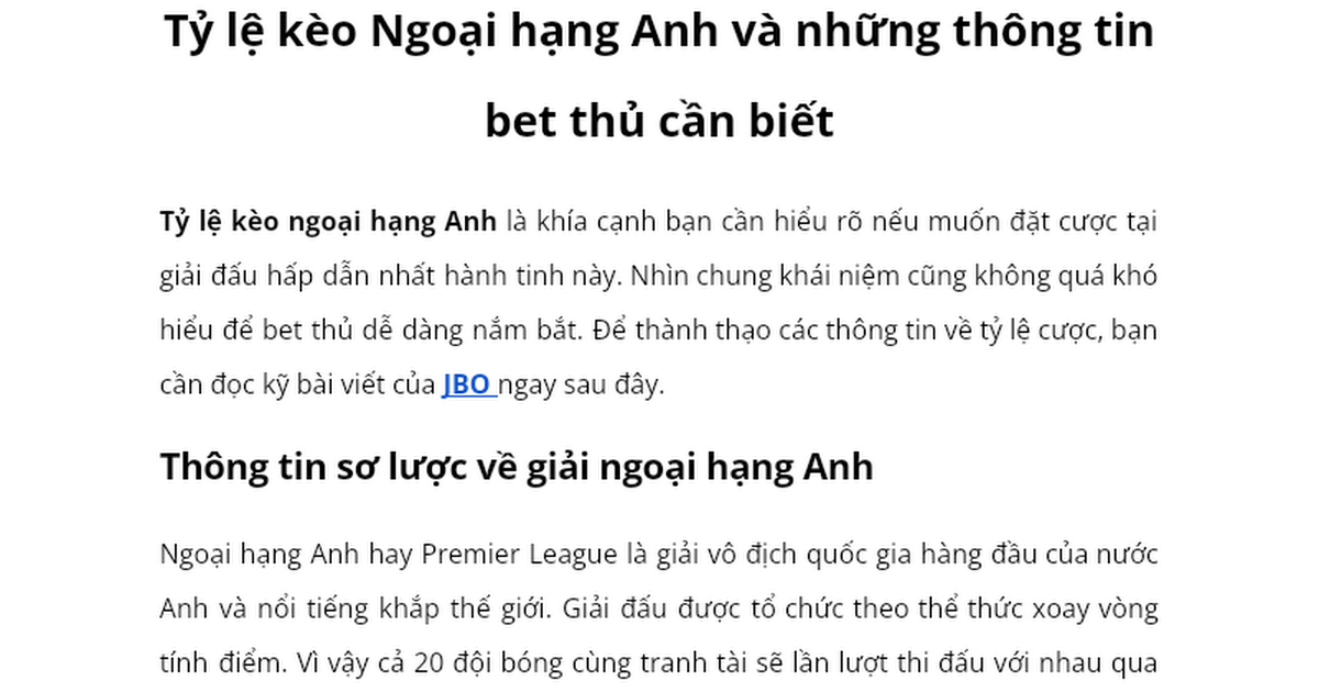 Tỷ lệ kèo Ngoại hạng Anh và những thông tin bet thủ cần biết