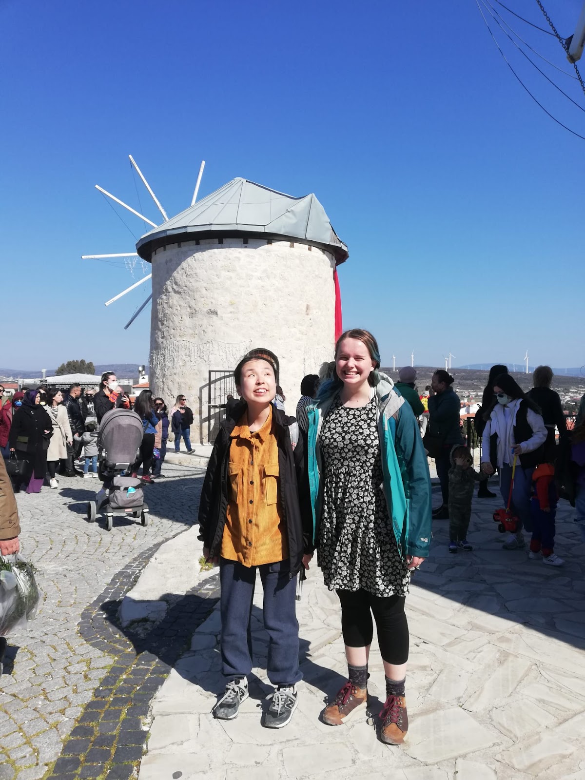 Miso and friend in front of windmill.