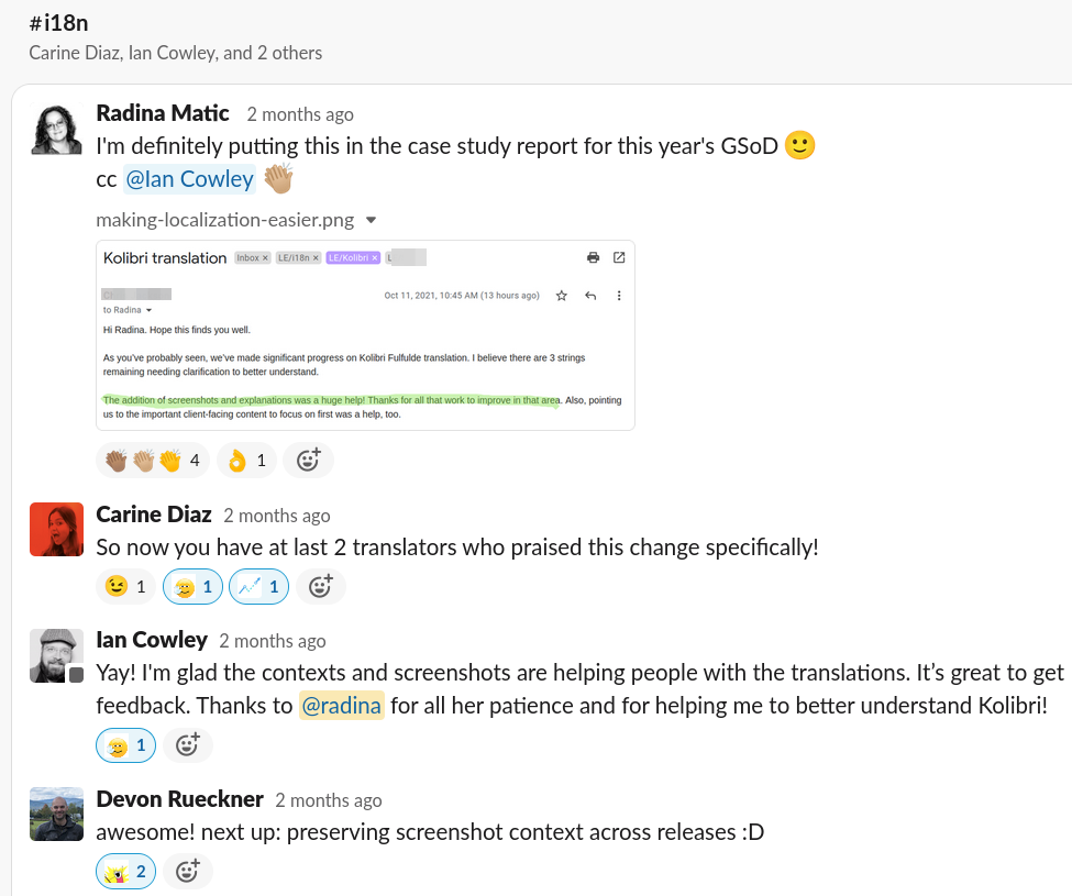 Slack conversation where Radina shared with the team a 'Thank you!' email from a translator about the benefits of the newly added string context descriptions.