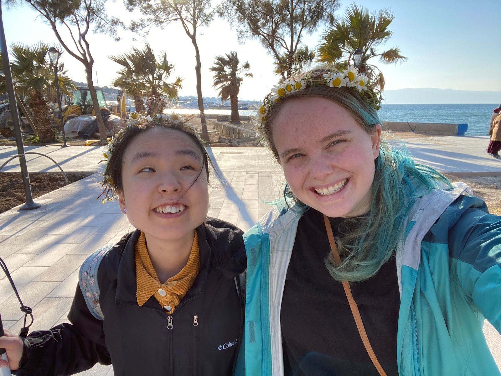 Miso and friend wearing flower crowns