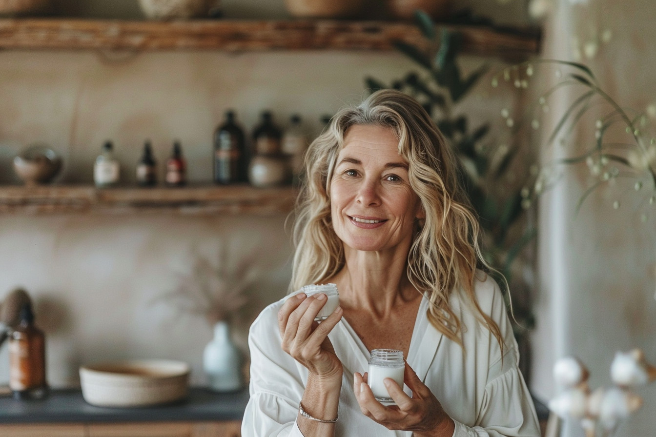 a middle aged woman in 40's making diy anti aging skin care.