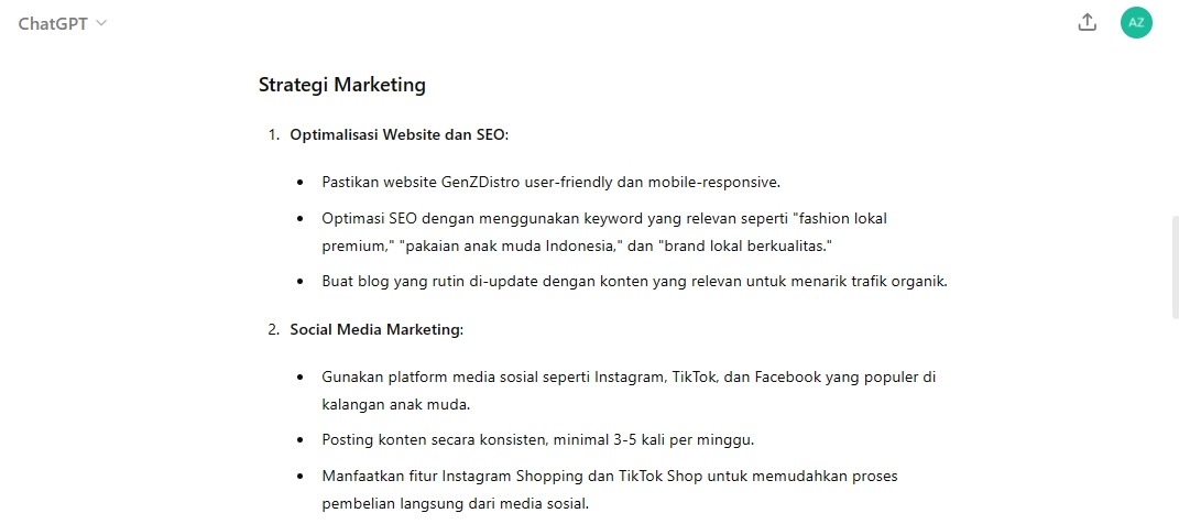 Tampilan contoh hasil teknologi ai ChatGPT tentang cara menulis prompt.
Menampilkan cara melakukan strategi pemasaran untuk meningkatkan penghasilan