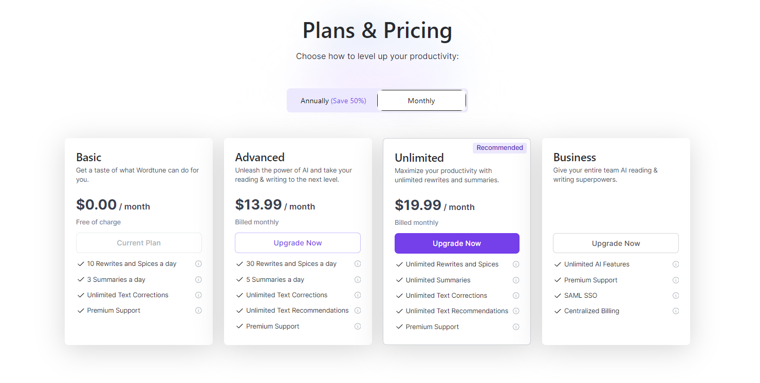 Wordtune Plans and Pricing 