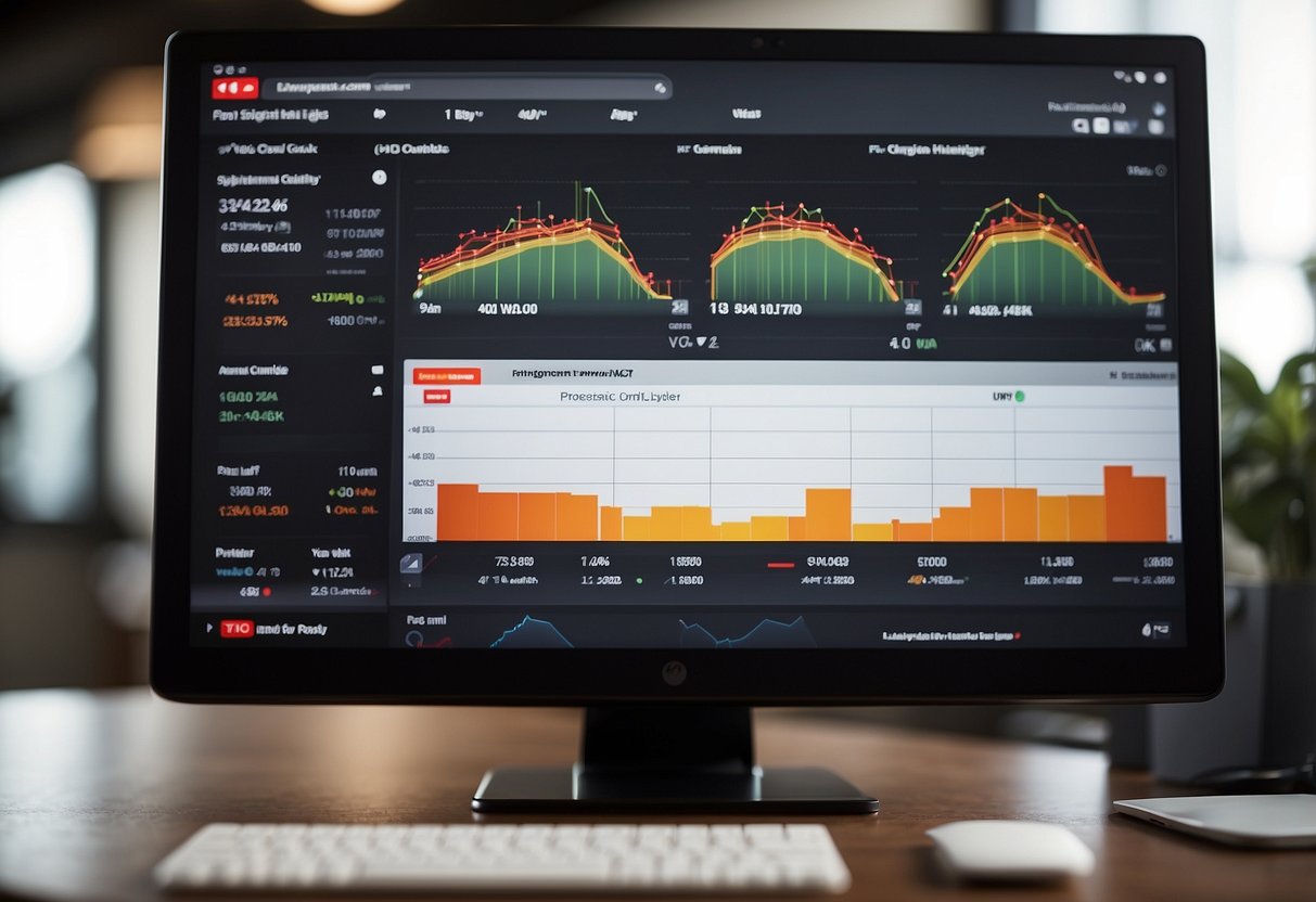 A computer screen showing a YouTube analytics dashboard with increasing engagement metrics and revenue graph