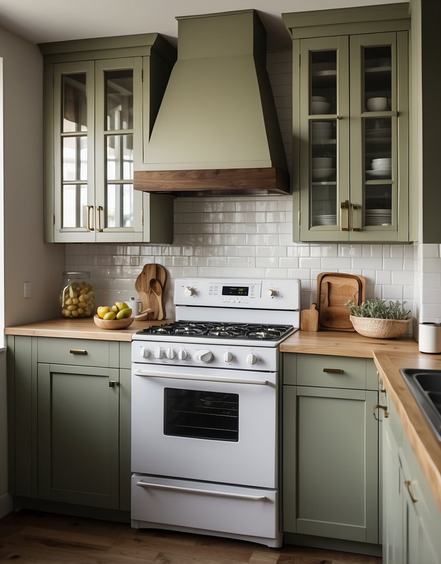 A kitchen with pale olive cabinets, natural light, and modern appliances