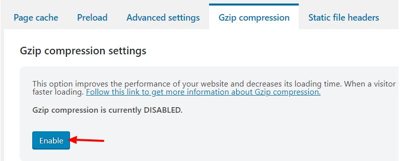 Gzip compression settings in WP Optimize plugin