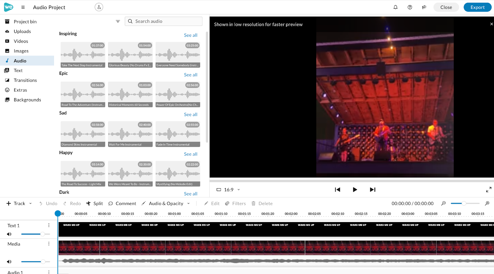 Selecting audio clip on the timeline in WeVideo's editor. 