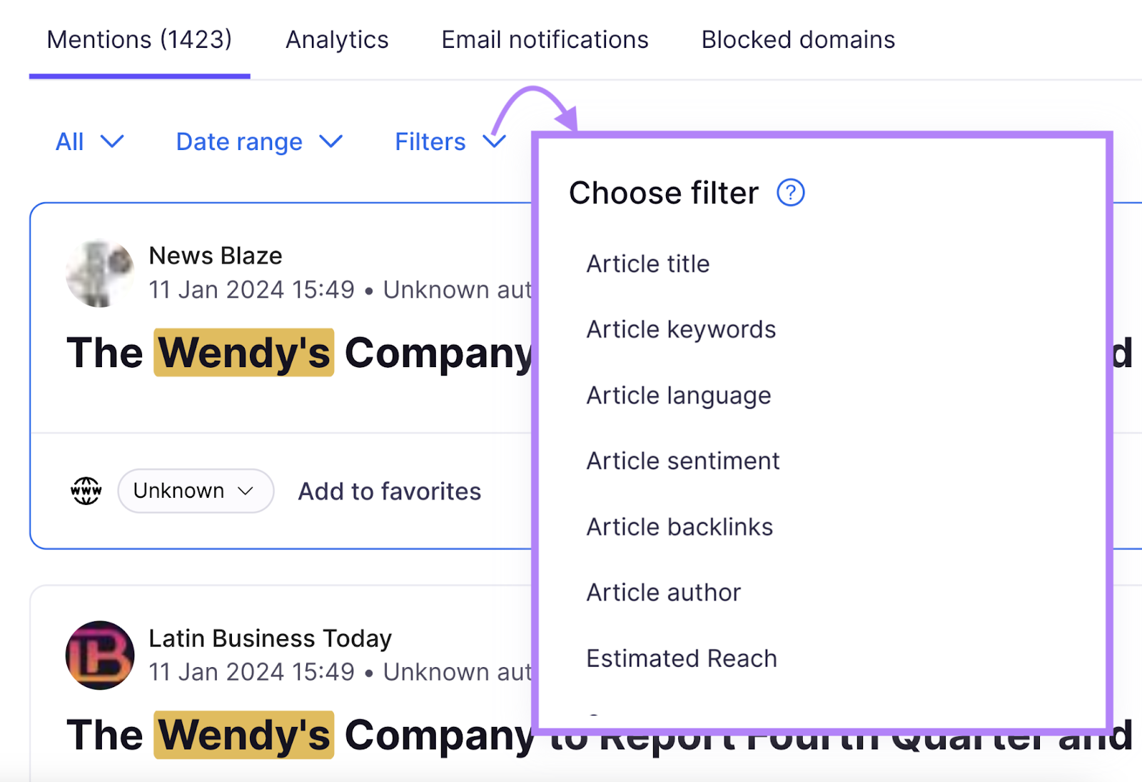 "Filters" drop-down menu in Brand Monitoring app online reputation management tools