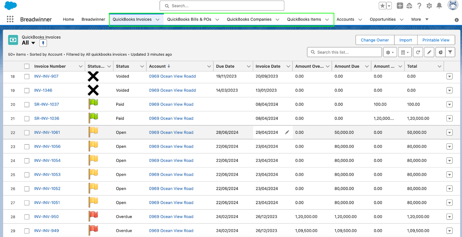 QuickBooks Objects Tab view