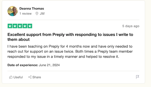 A 5-star Trustpilot review from a Preply user who has found Preply support very useful over the past 4 months they've been using the platform. 