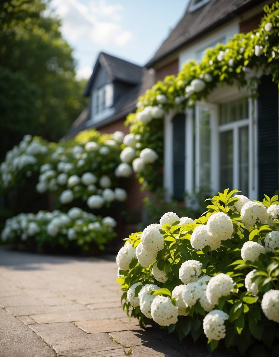 A row of 21 viburnum bushes lines the front of a house, with vibrant green leaves and clusters of white flowers