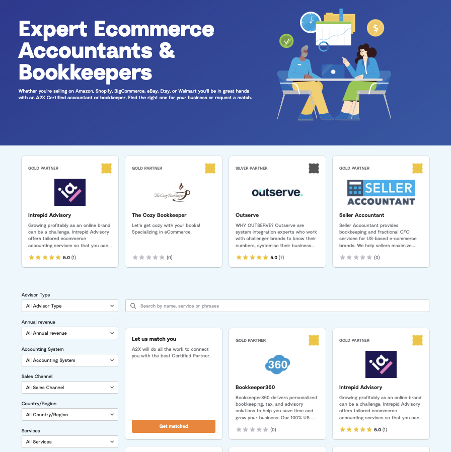 A screenshot of the A2X Ecommerce Accountant Directory