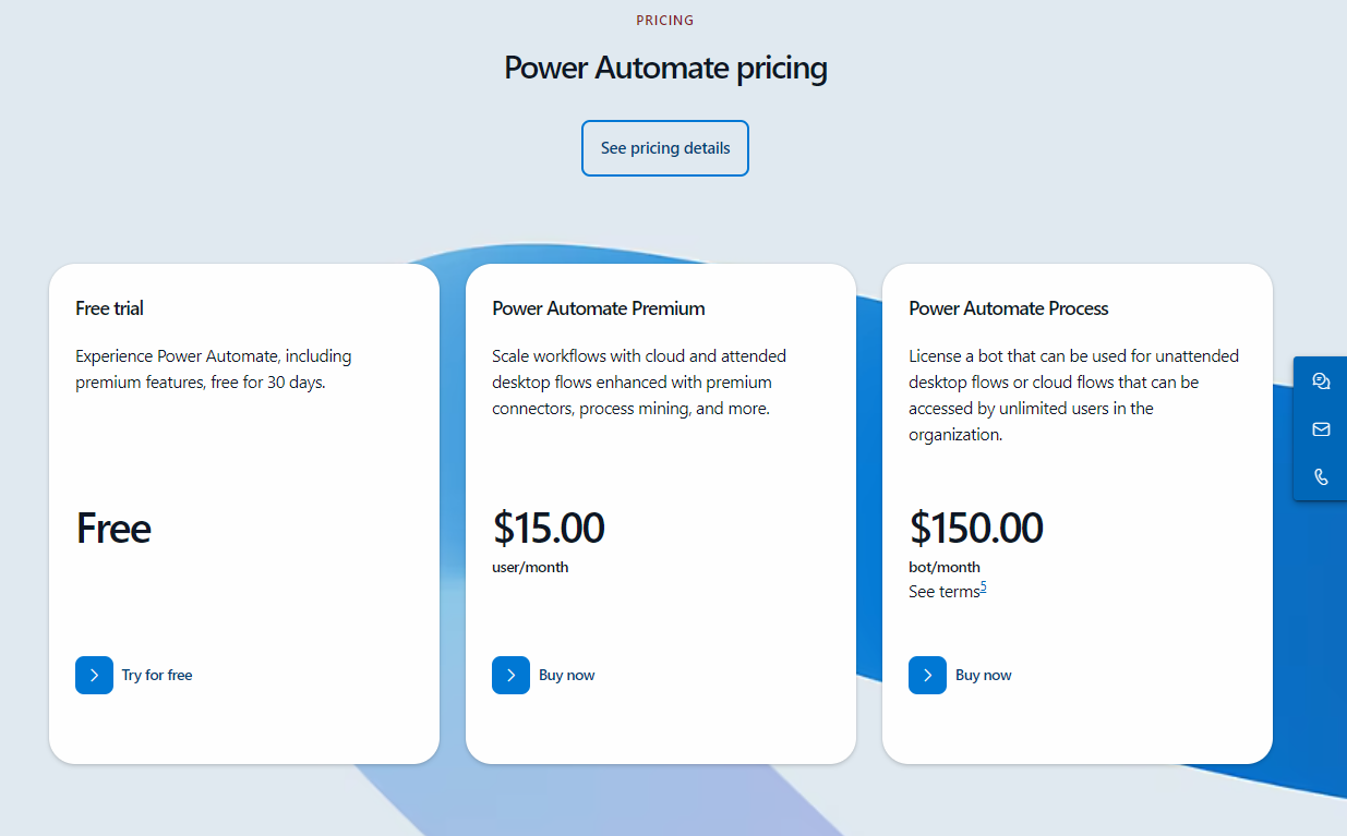 Power Automate pricing with offering 30-day free trial and two paid plans.