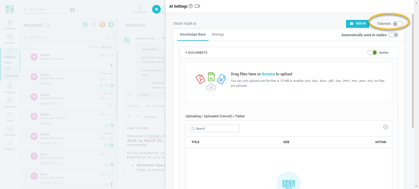 Screenshot of TokeetAI settings page showing knowledge base and document upload features for AI property management