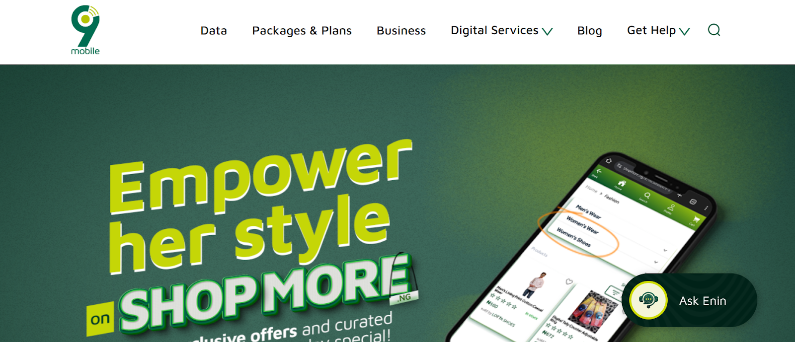9mobile Nigeria website snapshot highlighting the services it offers.