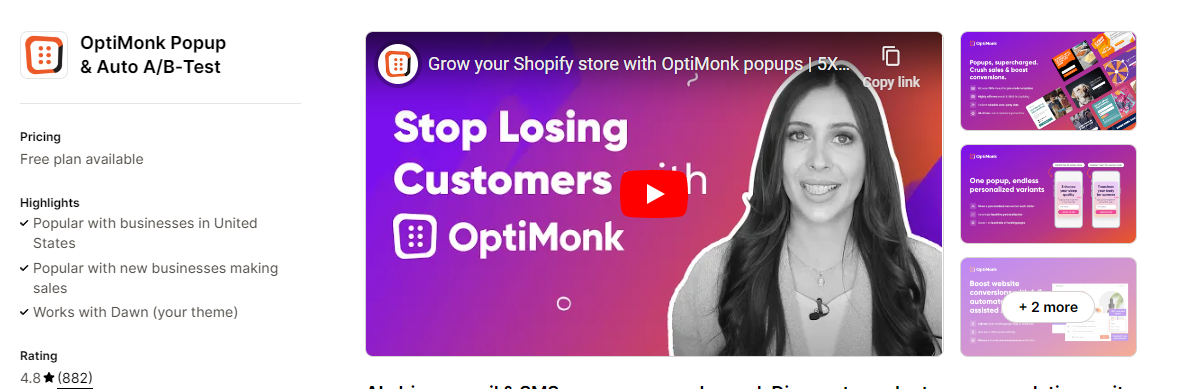 OptiMonk's homepage on the Shopify app store as one of the best Shopify popup apps