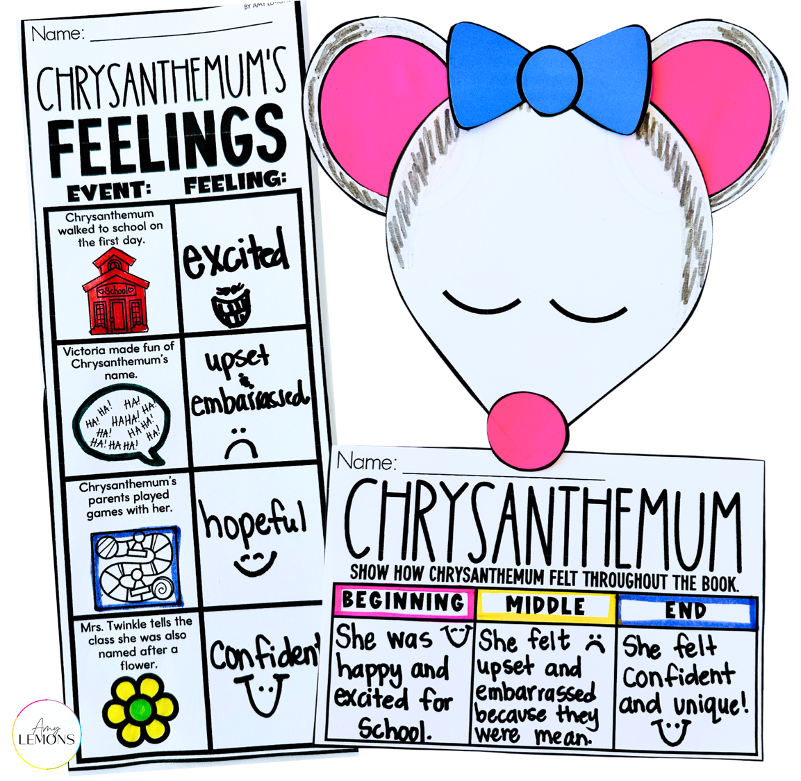 Back to school reading activities for the book Chrysanthemum to discuss character feelings.