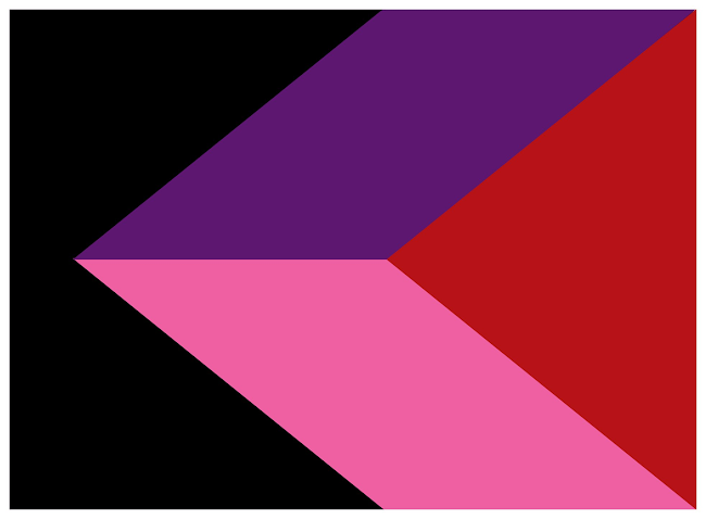 長方形のフラッグの画像。パレスチナ国旗とは逆側に赤い三角形が置かれ、その三角形に繋がる形で、左に向かって下側にピンク色の台形、上側に紫の台形、それ以外の部分は黒