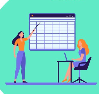 Vector illustration of a woman presenting a spreadsheet to another woman