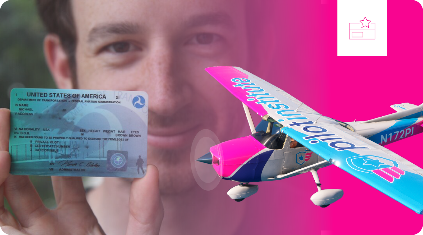 A man holds his private pilot certificate alongside an image of a single-engine airplane.