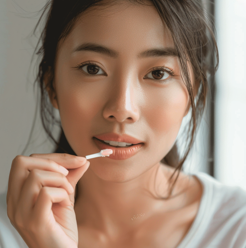 Close-up portrait of an Asian woman applying lip balm or gloss to her lips, looking directly at the camera with a neutral expression. Her dark hair is pulled back and she appears to be wearing a white top.