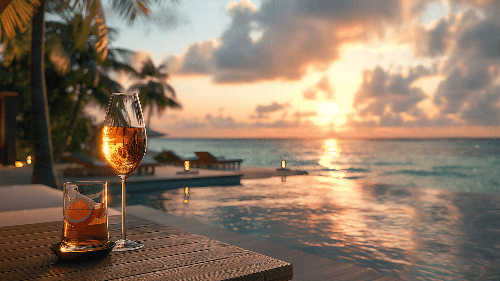 Drinks by the pool at sunset of a luxury resort rental in the Maldives