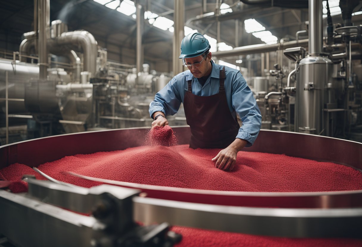 A factory worker pours natural carmine dye into a large mixing vat, surrounded by machinery and equipment