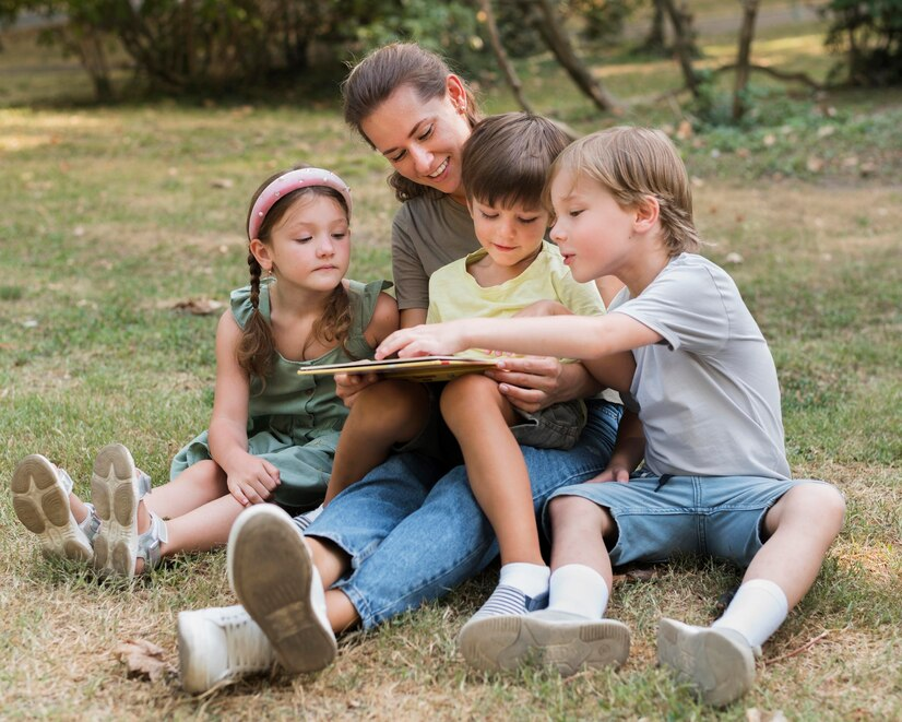 Mother with three children doing book reading in the park.