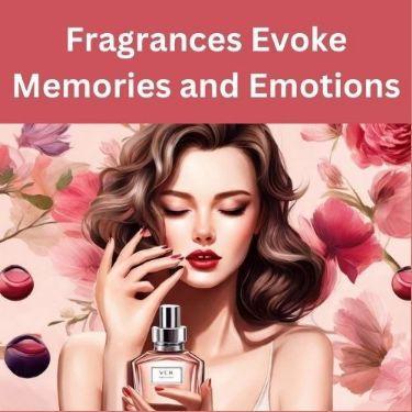 This may contain: a woman holding a perfume bottle in front of her face with flowers on the background