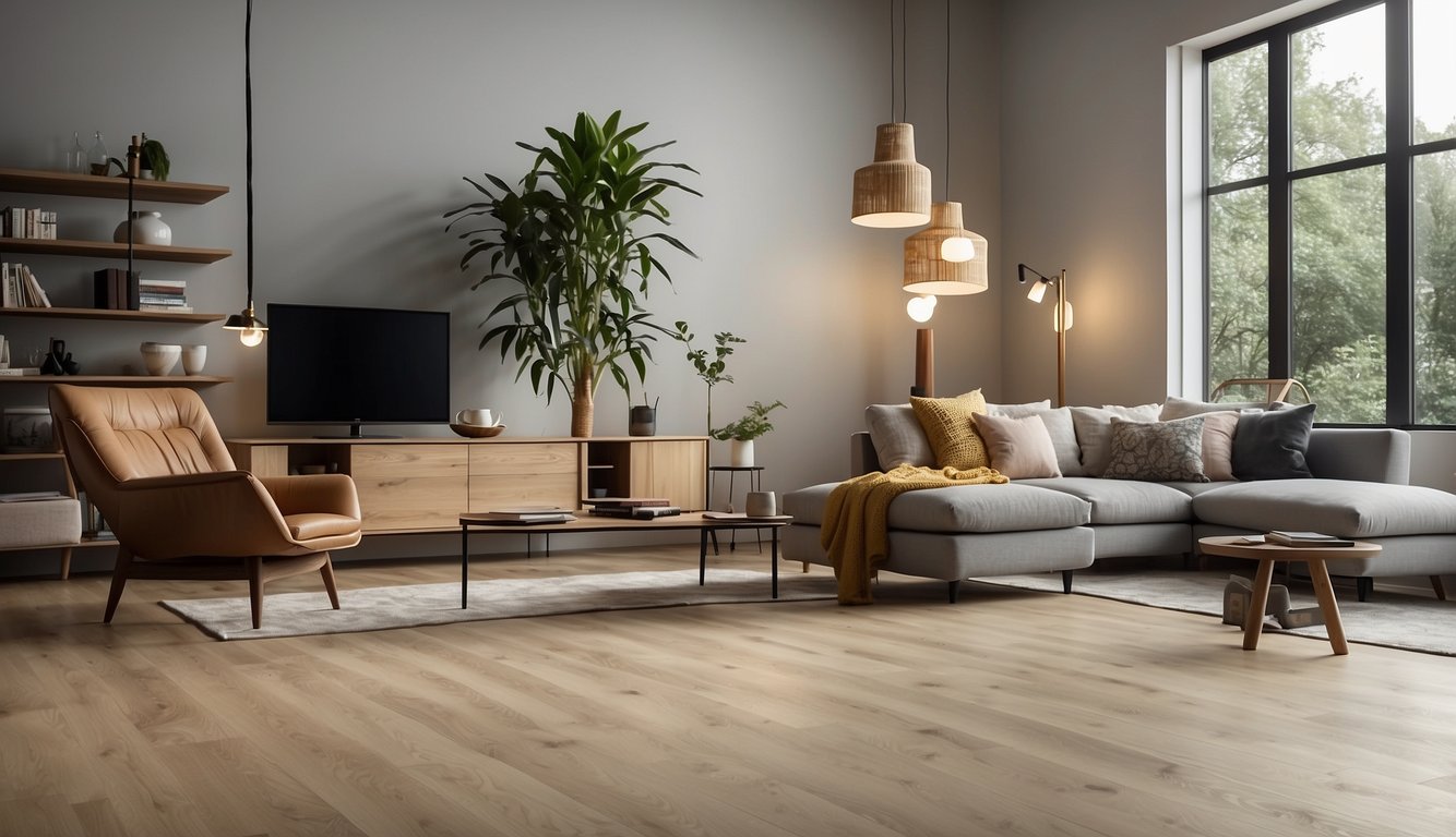 Una habitación con muebles modernos e iluminación natural, que muestra una comparación entre las opciones de pisos de SPC y vinilo