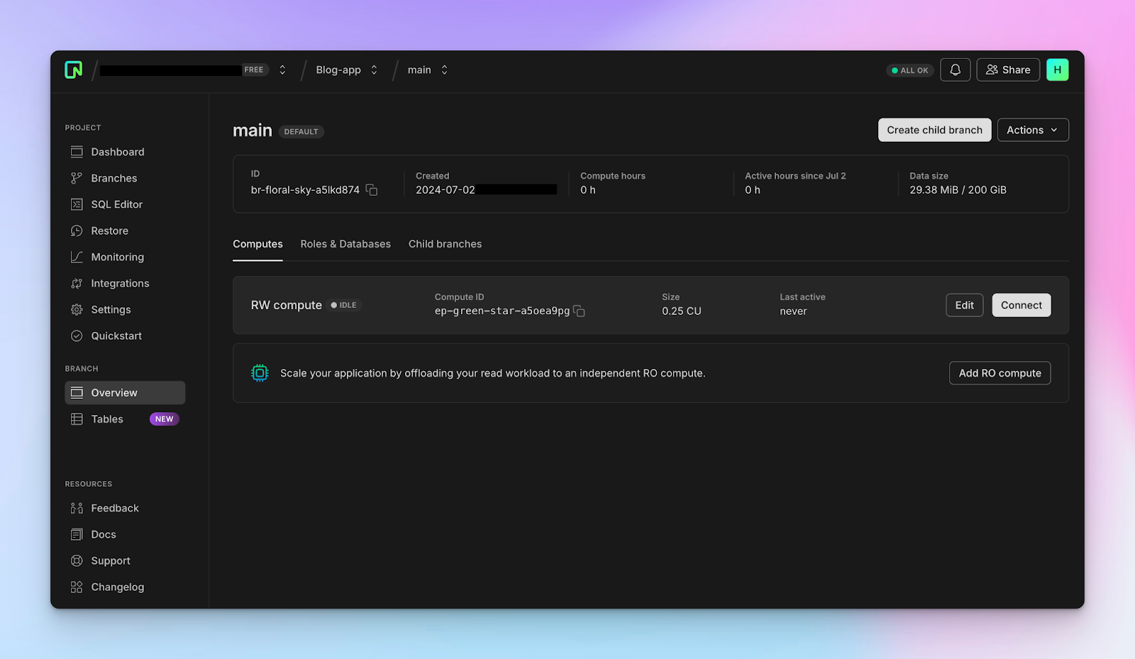 Neon DB Main Branch Dashboard