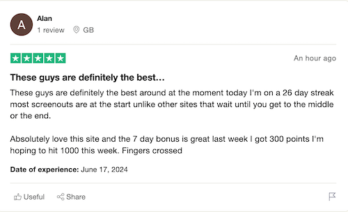 A 5-star Trustpilot review from a Prime Opinion user who likes the platform and feels that most screeners are very quick. 