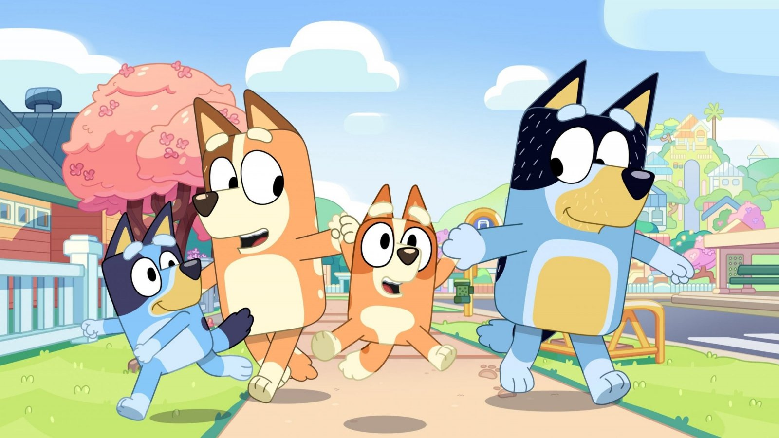 Personajes animados de la serie Bluey caminando alegremente juntos.
