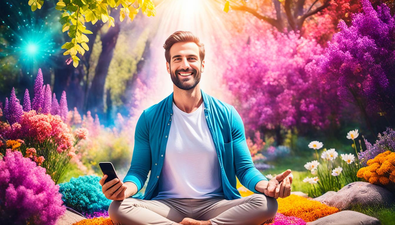 A person sitting cross-legged in a serene environment, surrounded by vibrant colors and natural elements such as flowers and trees. The person is radiating positive energy and their aura is visible around them, shining brightly. They are holding a phone and visualizing a call coming in from someone specific. The energy between them and the phone is palpable and the scene exudes patience and trust in the universe's timing.