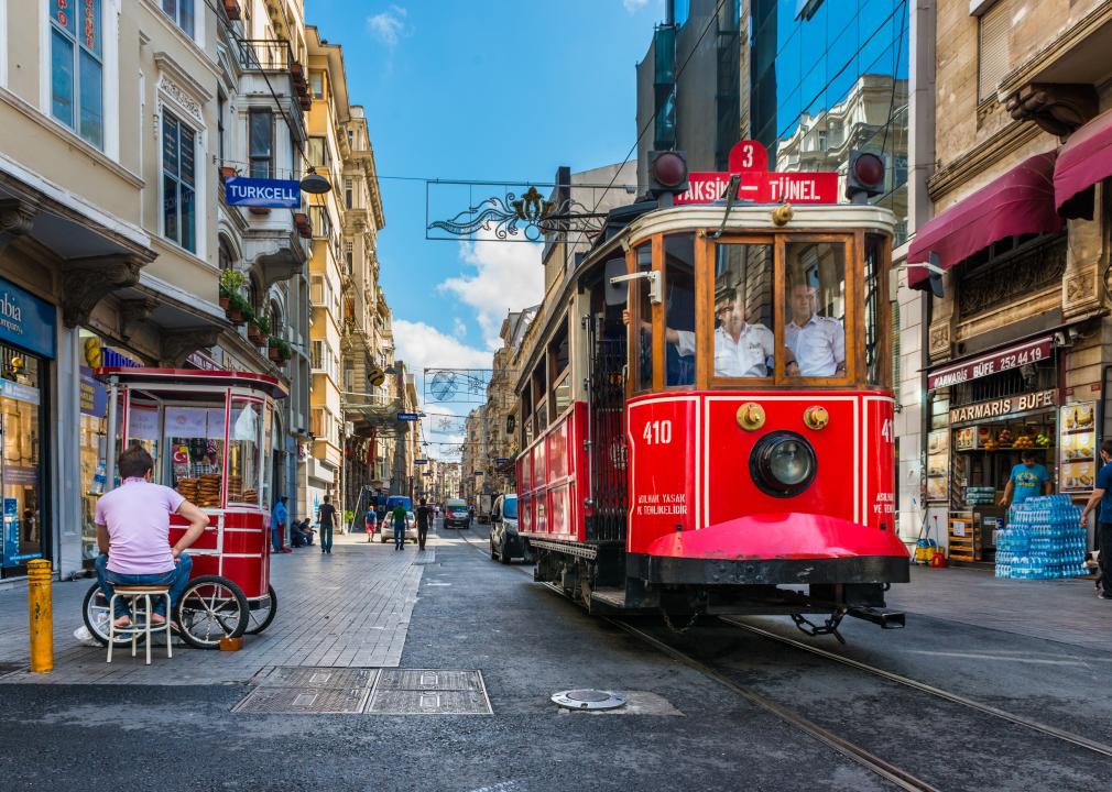 The Taksim-Tunel Nostalgia Tram moves along the streets of Taksim.
