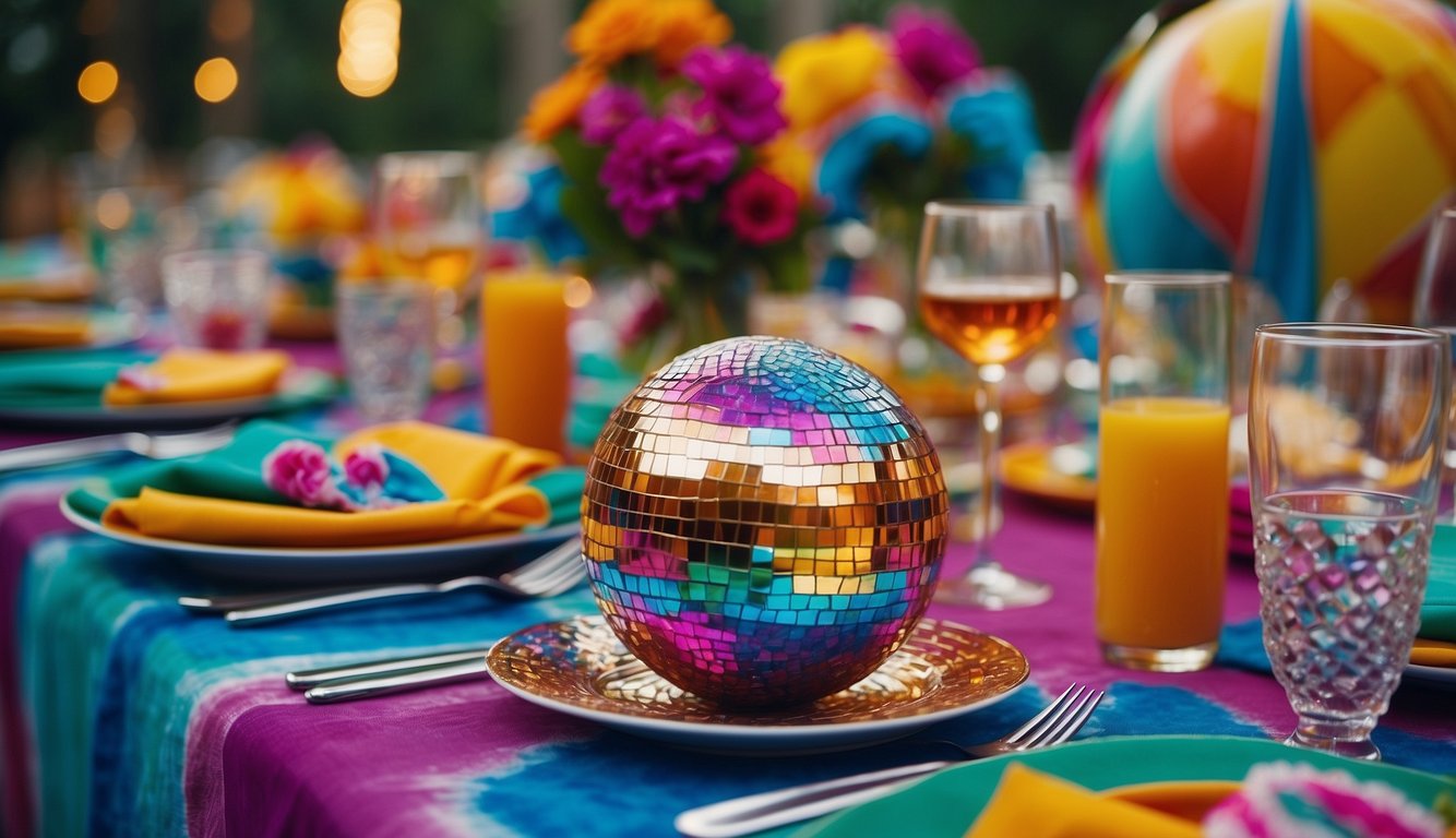 A colorful, retro-inspired table set with groovy wedding favors, tie-dye decorations, and disco ball centerpieces