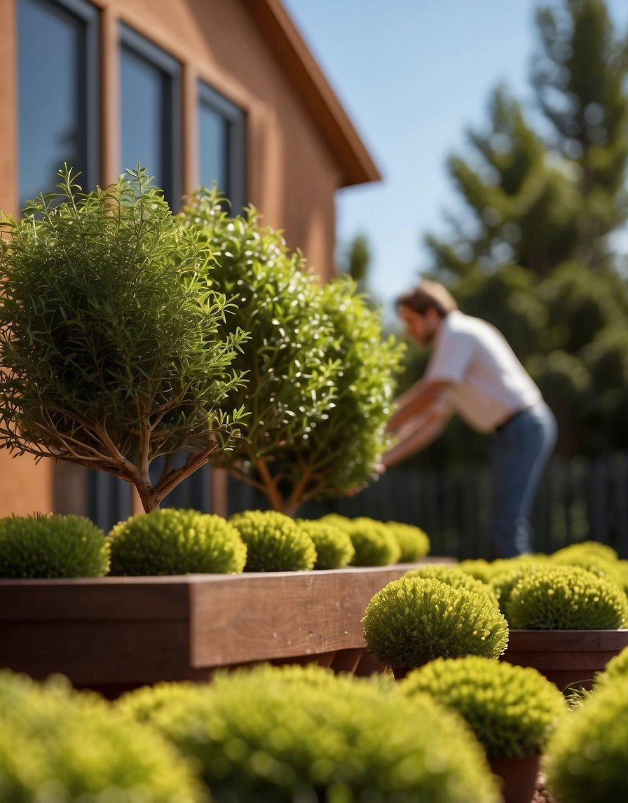 A person selects bushes from a variety of options, with a house in the background