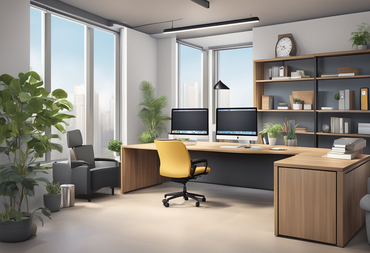 A modern office space with sleek furniture and digital marketing materials, located in Noida