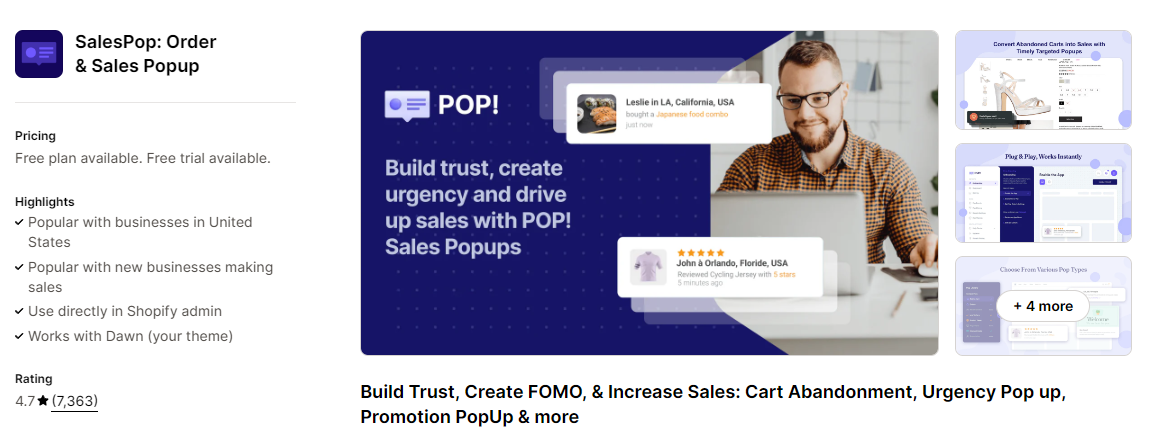 SalesPop homepage on the Shopify app store