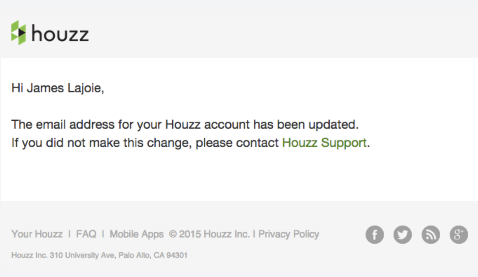 Example of a Houzz account update notification