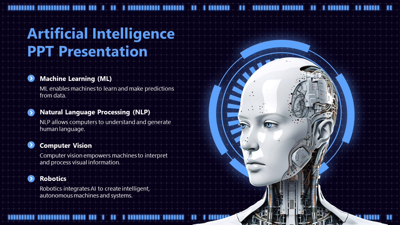 Artificial Intelligence presentation slide with robot head and four AI topics.