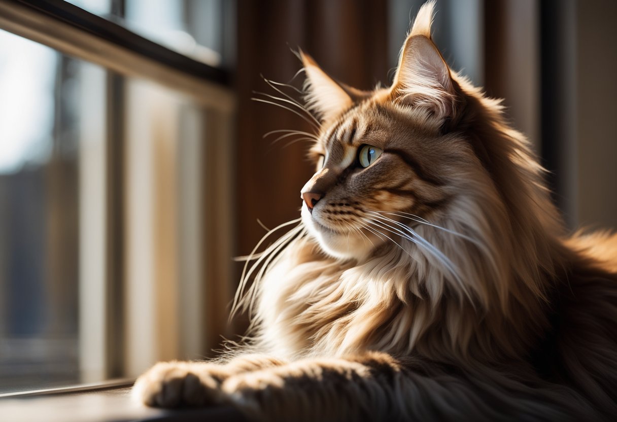 A majestic Maine Coon with a rich roux-colored fur lounges in a sunlit window, gazing out at the world with a regal air