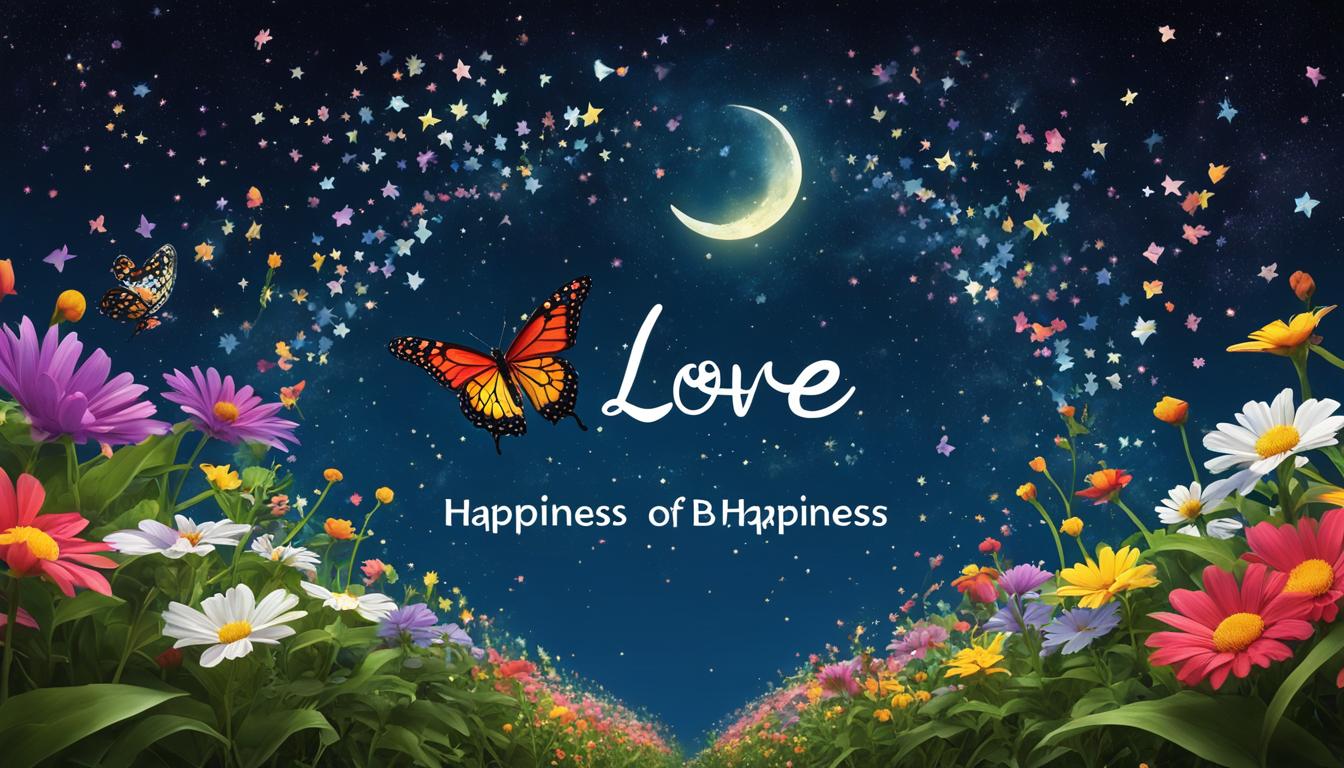 A colorful garden of blooming flowers and lush greenery, with a majestic butterfly fluttering above. The butterfly's wings are patterned with the words "love" and "happiness", surrounded by a glow of positive energy. In the background, a night sky full of stars and a crescent moon, representing the dream state in which manifesting love can occur.