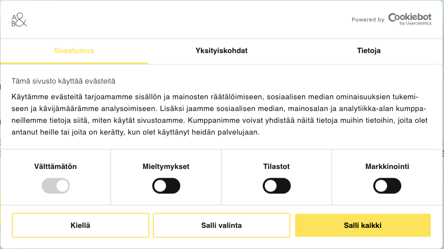 Screenshot Aava & Bangin nettisivuilta: miltä evästebanneri näyttää vierailijan näkökulmasta