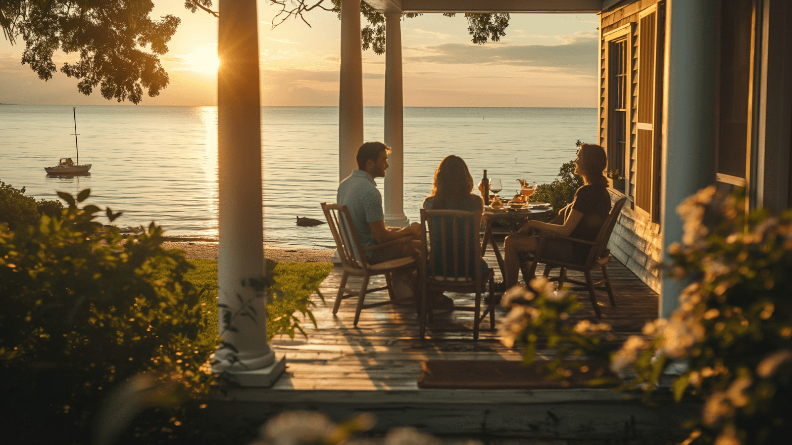 Friends dining on a porch by the lake at a digital detox cottage rental