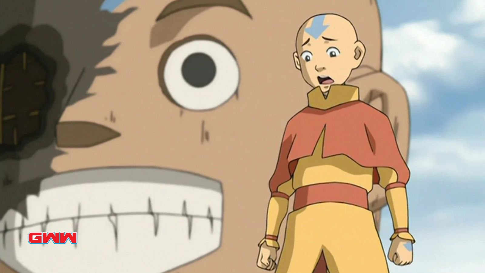 Aang luciendo sorprendido y confundido, ¿es Avatar un anime?