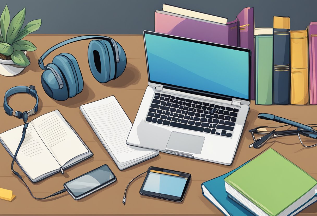 A laptop, smartphone, and headset arranged on a desk with a notepad and pen, surrounded by books and a college diploma